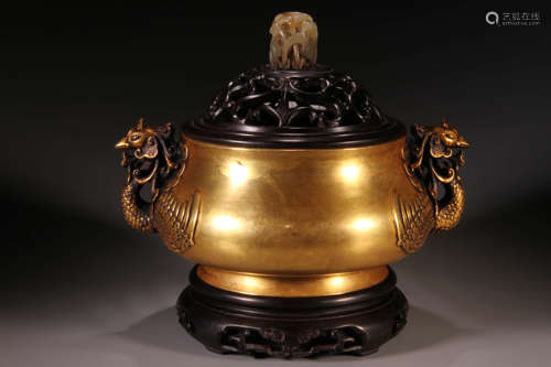 A Gilt Bronze Double Phoenix Ear Incense Burner