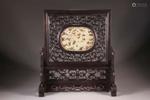 A Hollow Carved Dragon Pattern Jade Inlaid Red Sandalwood Ta...