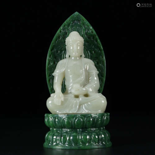 QING DYNASTY,HETIAN JADE BUDDHA STATUE SPINACH JADE BASE