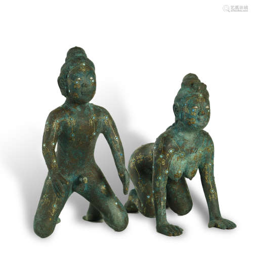 A SET OF GOLD AND SILVER TURQUOISES-INLAID FIGURES,WARRING S...
