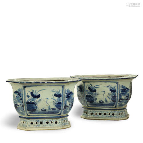 QING DYNASTY,A PAIR OF BLUE AND WHITE GLAZED FLOWERPOTS