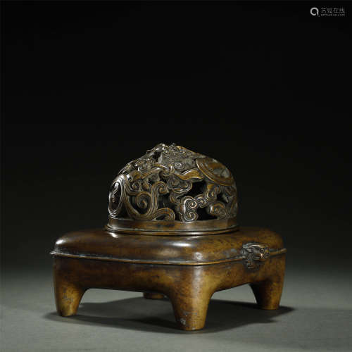QING DYNASTY,BRONZE CARVED DRAGON CENSER AND COVER