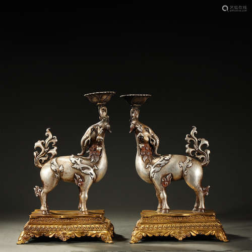 A PAIR OF PARCEL-SILVER BRONZE OIL LAMPS,QING DYNASTY