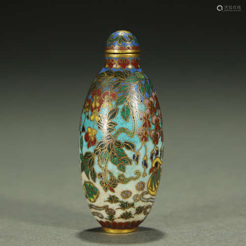 A FINE GILT-BRONZE CLOISONNE ENAMEL SNUFF BOTTLE,QING DYNAST...