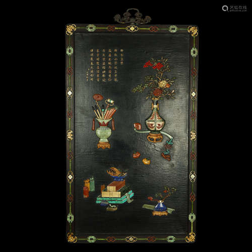 A FINE HARDSTONE-INLAID WOOD PANEL,QING DYNASTY