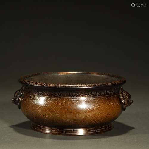 A FINE SILVER-INLAID BRONZE CENSER,QING DYNASTY