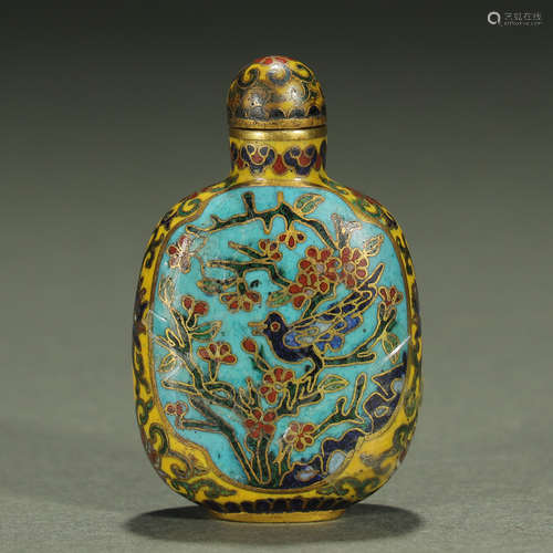 A FINE GILT-BRONZE CLOISONNE ENAMEL SNUFF BOTTLE,QING DYNAST...