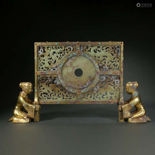 CHINESE HAN DYNASTY GILT BRONZE SCREEN INLAID WITH JADES