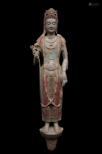 BLUE AND WHITE STONE BODHISATTVA STATUE, NORTHERN QI PERIOD,...