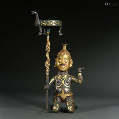 CHINESE HAN DYNASTY CANDLESTICK INLAID WITH GOLD AND SILVER