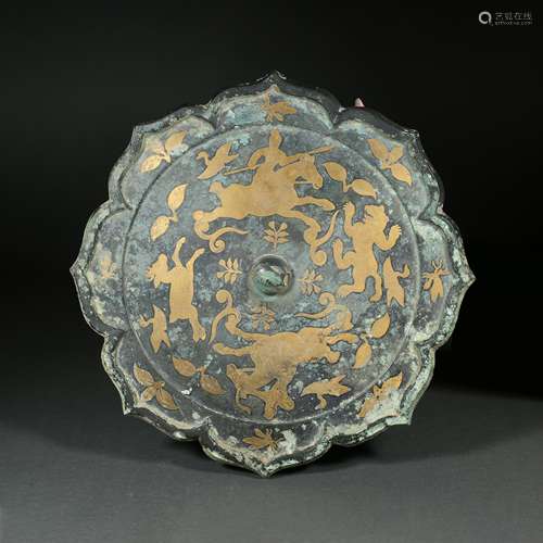 BRONZE MIRROR PAINTED WITH GOLD, CHINA