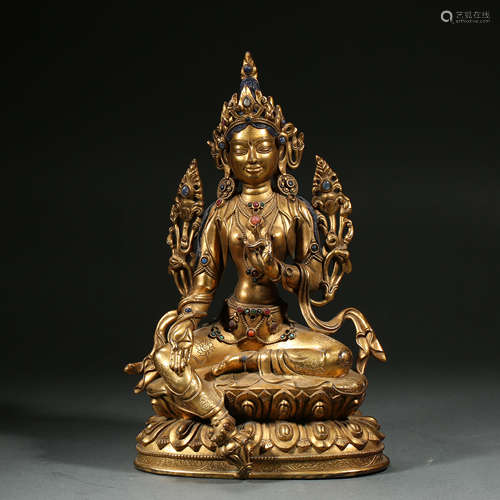 CHINESE MING DYNASTY GILT BRONZE AND EMERALD GREEN TARA BUDD...