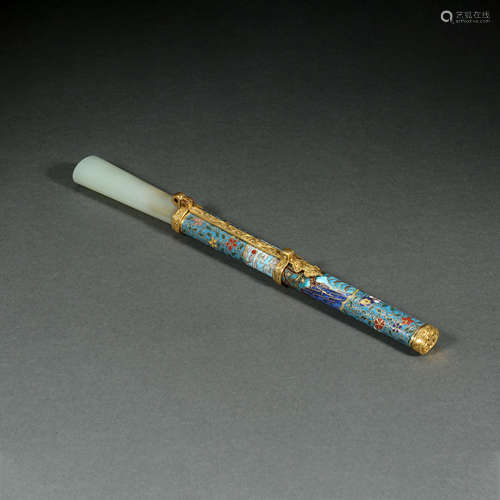 CHINESE QING DYNASTY ENAMEL COLOR DAGGER, HETIAN JADE