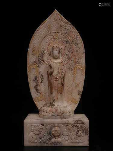 BODHISATTVA STATUE WITH WHITE MARBLE BACK SCREEN, NORTHERN Q...