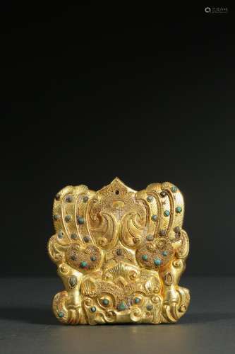 CHINESE TANG DYNASTY PURE GOLD PEARL INLAID WITH TURQUOISE A...