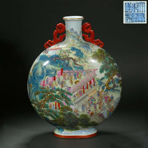 CHINESE FAMILLE ROSE FLAT VASE WITH TWO EARS, QIANLONG PERIO...