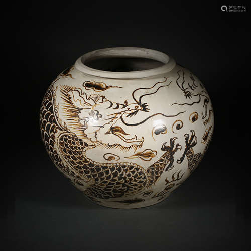 CIZHOU WARE LARGE POT WITH WHITE BOTTOM AND BLACK FLOWERS, N...