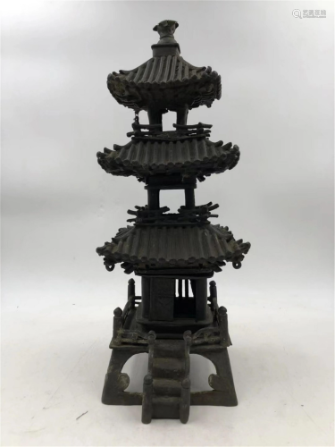 A CHINESE TOWER SHAPED BRONZE INCENSE CAGE