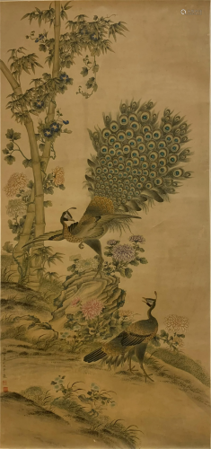 A CHINESE PAINTING OF FLOWERS AND PEACOCK