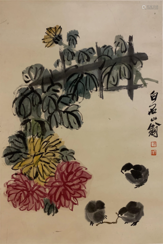 A CHINESE PAINTING OF FLOWERS AND CHICKEN