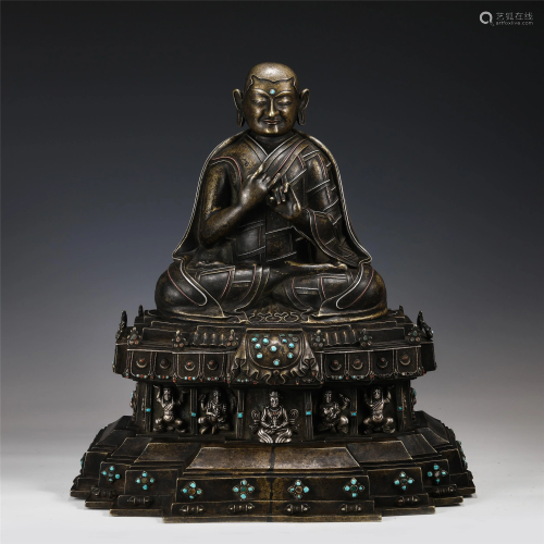 A CHINESE COPPER ALLOY INLAID SILVER FIGURE OF BUDDHA