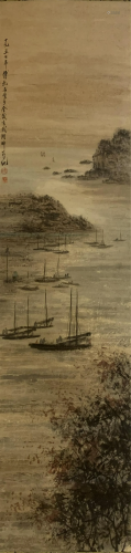 A CHINESE PAINTING OF BOATS ON RIVER