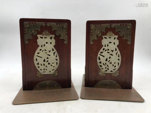 A PAIR OF CHINESE HARDWOOD INLAID JADE COVERD …