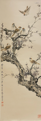 A CHINESE PAINTING OF PLUM BLOSSOM FLOWERS AND BIRDS