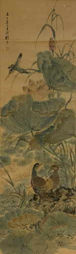 A CHINESE PAINTING OF LOTUS FLOWERS AND BIRDS