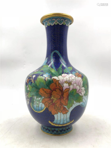A CHINESE BLUE GROUND FLOWERS PATTERN CLOISONNE VASE