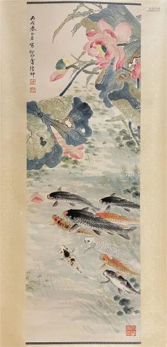 A CHINESE PAINTING OF FISHES AND LOTUS FLOWERS