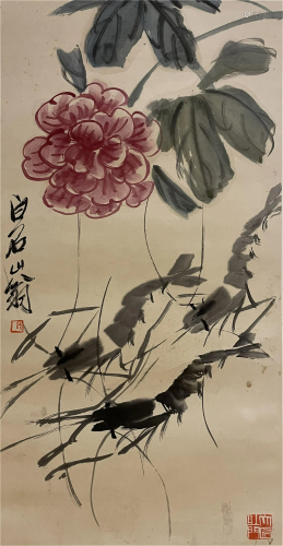 A CHINESE PAINTING OF FLOWERS AND SHRIMPS