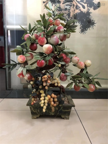 A CHINESE HARDJADE PEACH AND GRAPES POTTED LANDSCAPE