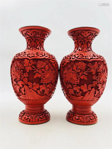 A PAIR OF CHINESE CARVED TIXI LACQUER BRONZE VIEWS VASE