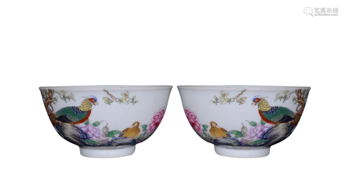 PAIR OF PAINTED ENAMEL 'BIRD AND FLOWER' BOWLS