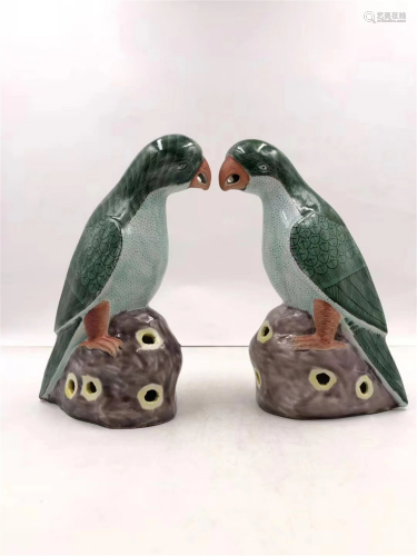 TWO CHINESE GREEN GLAZED FAMILLE ROSE PARROT POR…