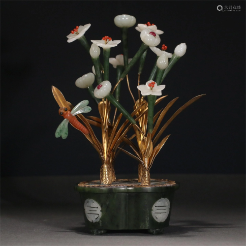A PAIR OF CHINESE JASPER RICHES AND HONOUR ORCHID