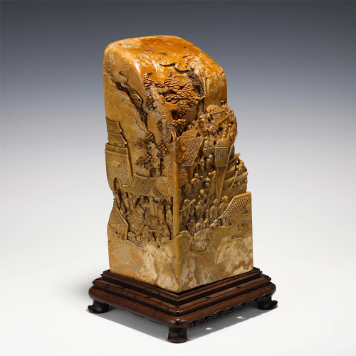 A CHINESE SOAP STONE CARVED MOUNTAINS ORNAMENTS
