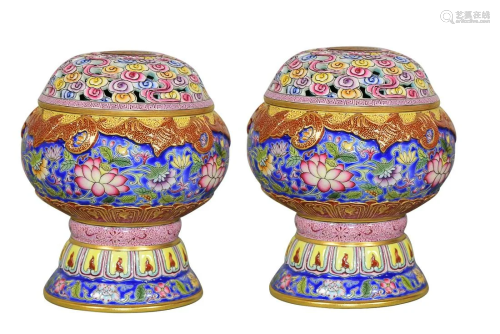 PAINTED ENAMEL 'LOTUS' OPENWORK INCENSE BURNER