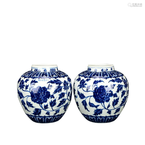 PAIR OF BLUE & WHITE 'PEONY' JARS