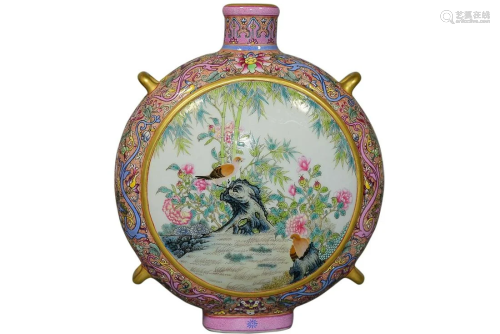 PAINTED 'BIRD AND FLOWER' MOON FLASK VASE