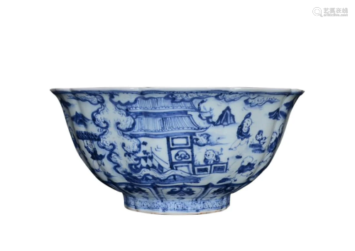 BLUE & WHITE ' CHILDREN AT PLA Y' FLUTED BOWL