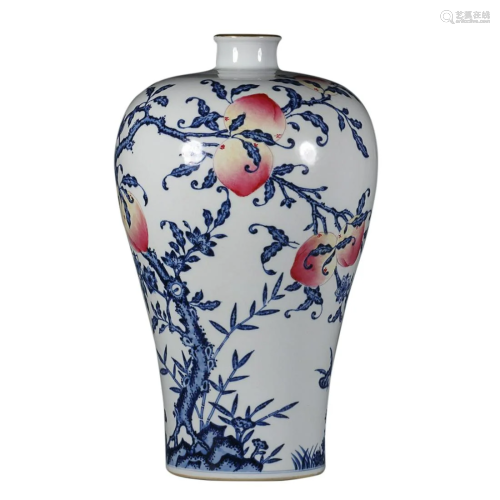BLUE & WHITE AND PAINTED 'PEACH' MEIPING VASE