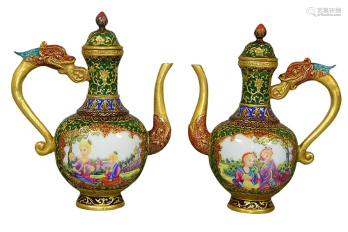 PAINTED 'FIGURAL' EWER WITH DRAGON HANDLE