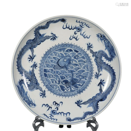 BLUE & WHITE 'DRAGON AND FISH' CHARGER