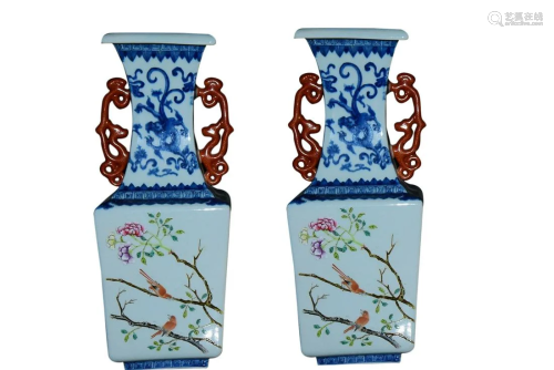 BLUE & WHITE AND PAINTED ENAMEL 'BIRD AND FLOWER'