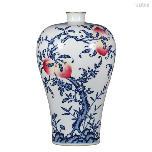 BLUE & WHITE AND PAINTED 'PEACH' MEIPING VASE