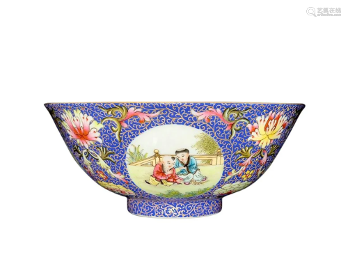 PAIR OF BLUE-GROUND PAINTED 'CHILDREN AT PLAY' BOWLS