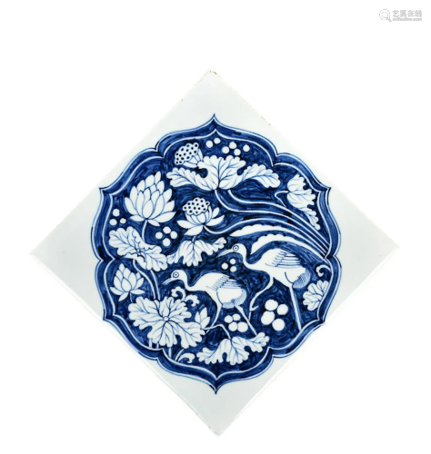 BLUE & WHITE ' HERON AND LOTUS' PLAQUE