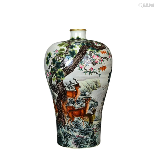 FAMILLE-ROSE 'FU,LU AND SHOU IMMORTALS' MEIPING VASE